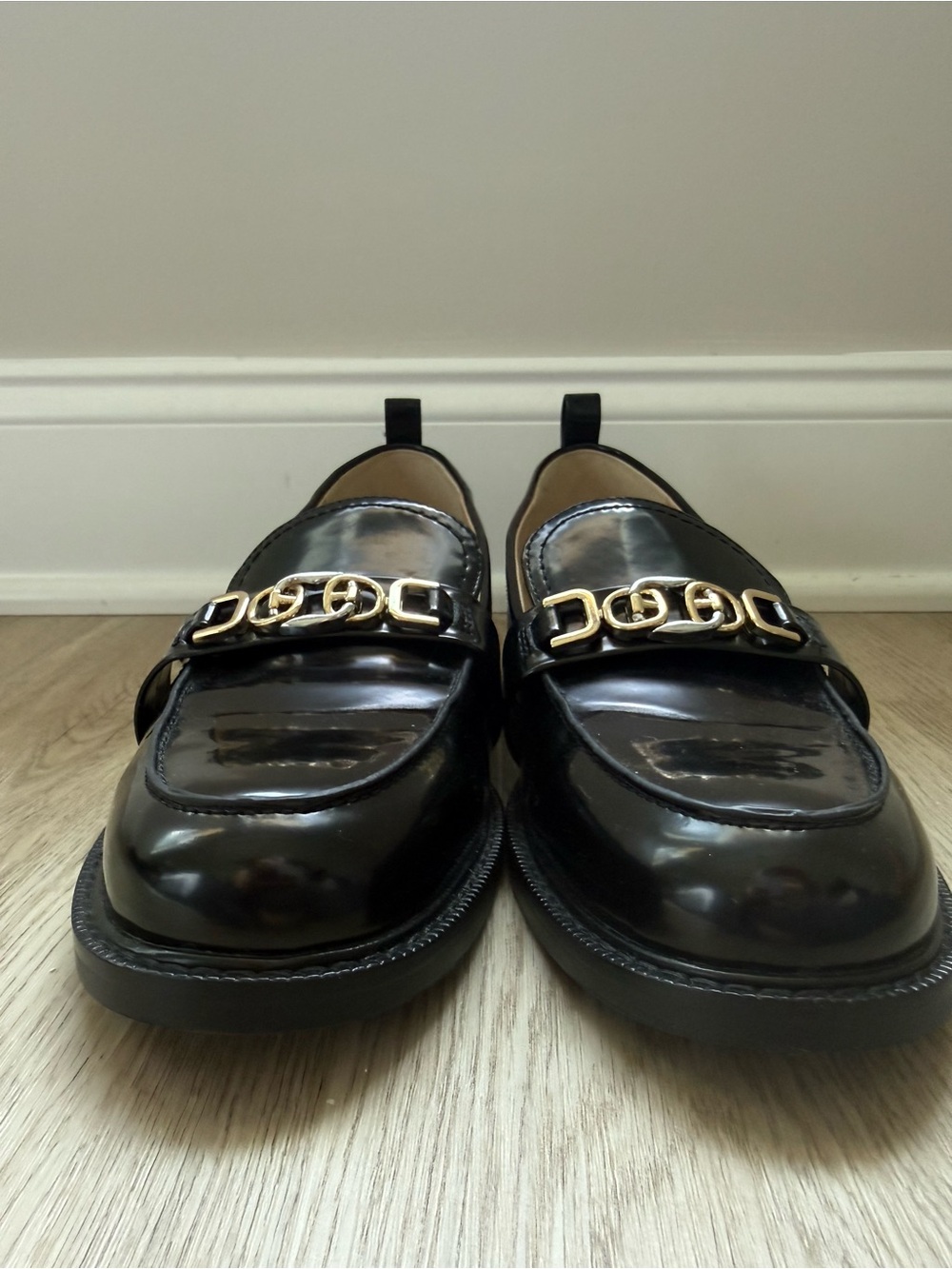 Sam Edelman Christy Loafers Black Patent Leather Mixed Metal Bit Chain Size 10.5 - Picture 2 of 7